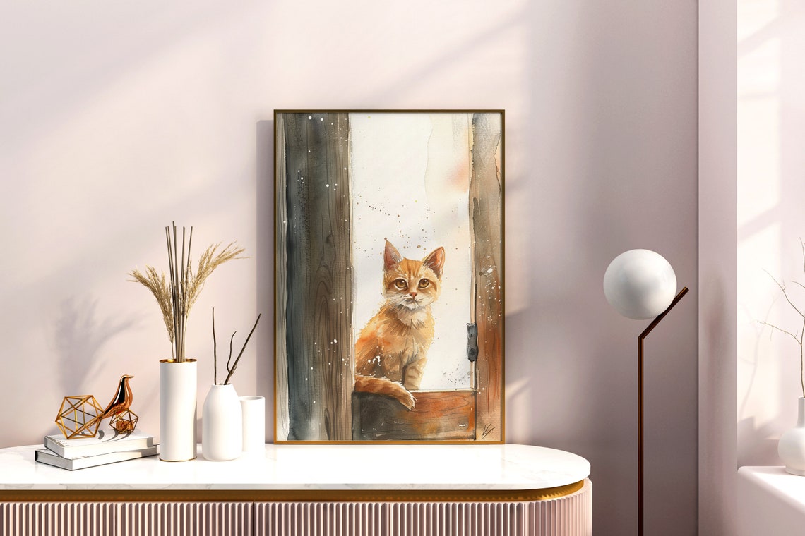 Cute Orange Kitten In Doorway Watercolor Cat Painting Poster - Image 2