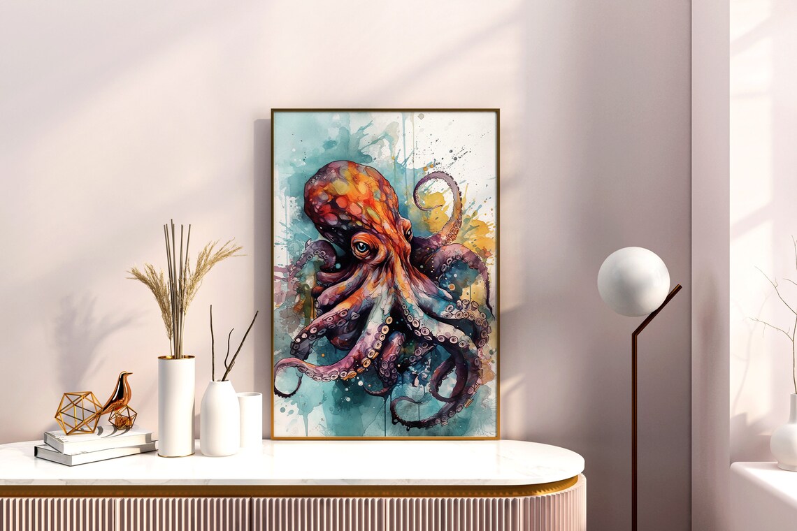 Octopus Watercolor Portrait Sea Creature Red Teal Art Poster - Image 5