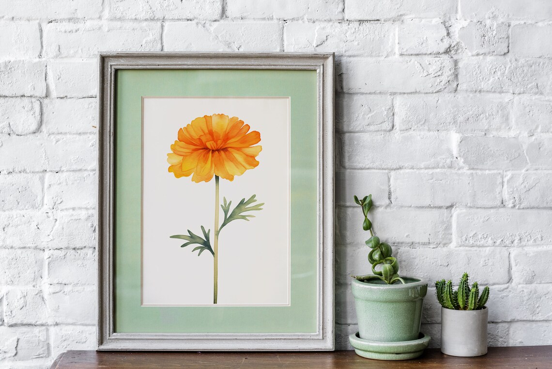 Golden Orange Marigold Watercolor Flower Minimalist Art Poster - Image 2