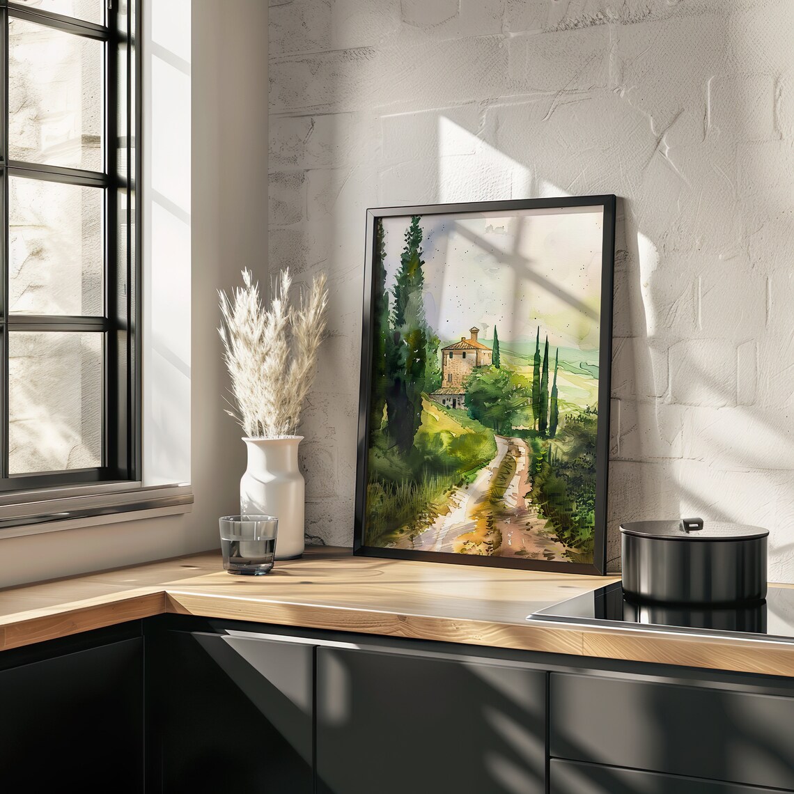 Tuscan Country Road Watercolor Cypress Villa Landscape Art Poster - Image 3