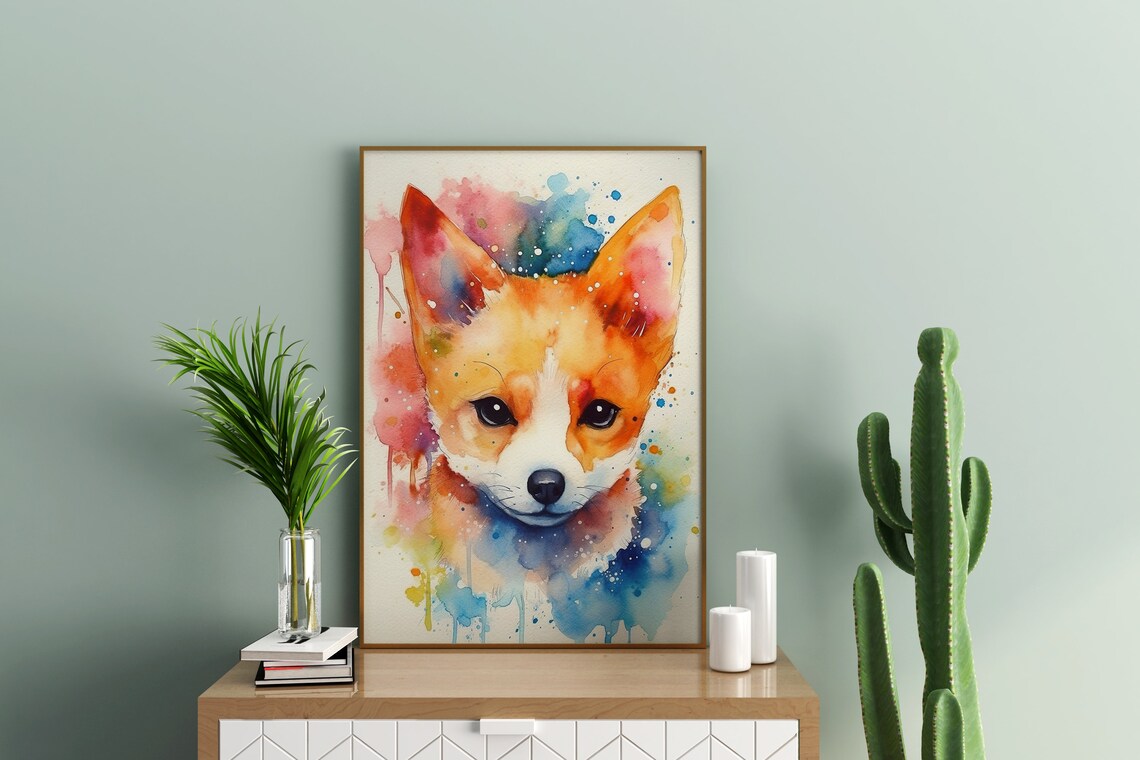 Baby Fox Colorful Watercolor Portrait Cute Puppy Splash Art Poster - Image 5