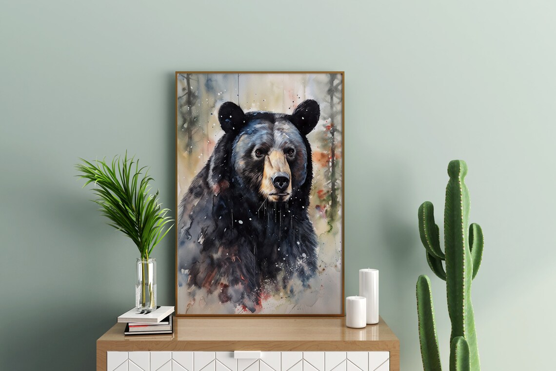 Black Bear in Dark Forest Watercolor Wildlife Portrait Poster - Image 3