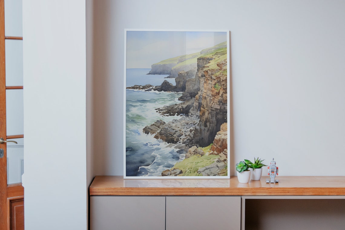 Rocky Coastal Cliffs Watercolor Seascape Ocean Shore Art Poster - Image 4