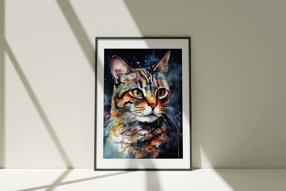 Tabby Cat Colorful Watercolor Portrait Golden Eyes Dark Art Poster - Image 2