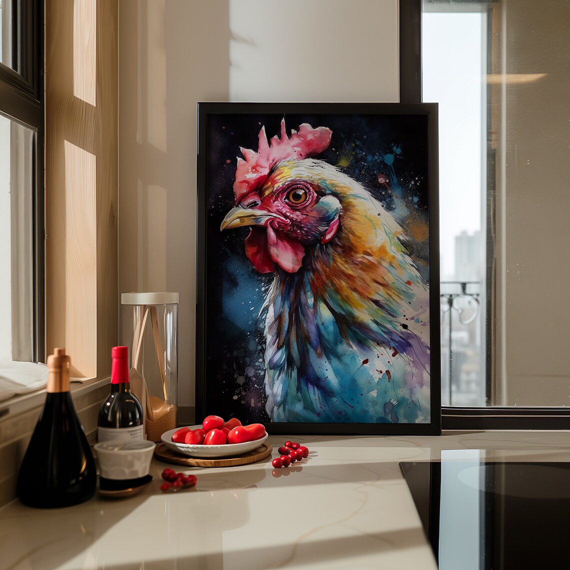 Colorful Rooster Watercolor Portrait Farm Bird Animal Art Poster - Image 4