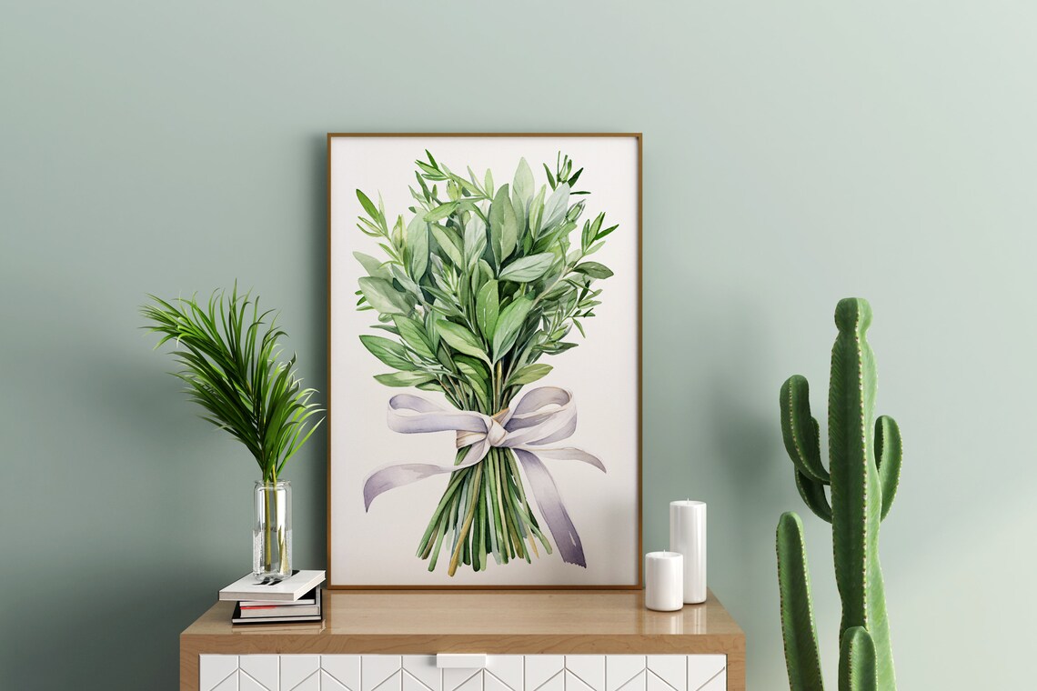 Green Herb Bunch Tied With Ribbon Watercolor Kitchen Art Poster - Image 2
