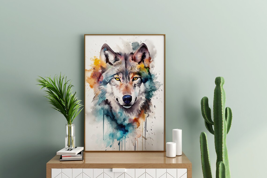 Colorful Wolf Watercolor Portrait Wild Animal Wildlife Poster - Image 3
