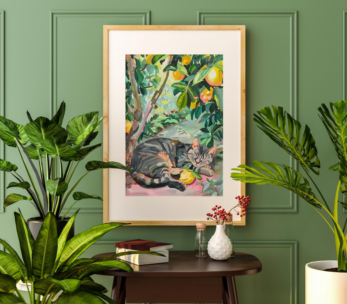 Sleeping Tabby Cat Lemon Grove Sunny Fruit Tree Painting Poster - Image 3