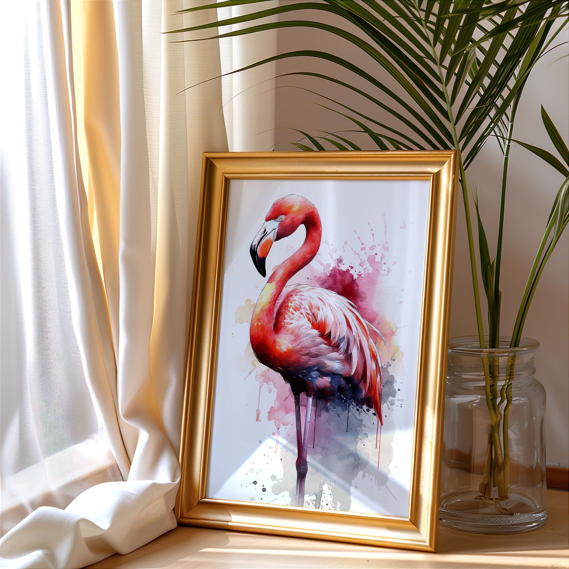 Flamingo Watercolor Portrait Pink Tropical Bird Splash Poster - Image 4