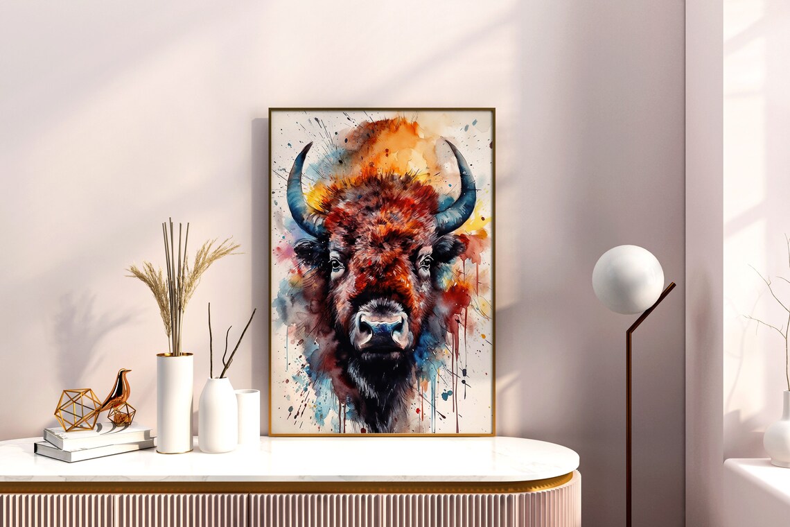 Colorful Bison Watercolor Buffalo Wildlife Western Nature Art Poster