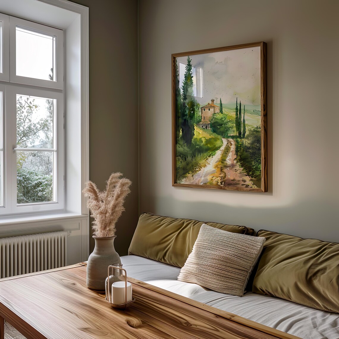 Tuscan Country Road Watercolor Cypress Villa Landscape Art Poster - Image 4