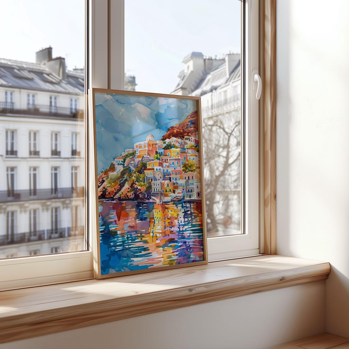 Colorful Cliffside Seaside Village Watercolor Harbor Scene Poster - Image 3