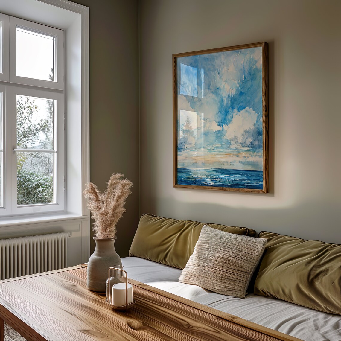 Blue Sky Clouds Over Ocean Watercolor Seascape Artwork Poster - Image 3