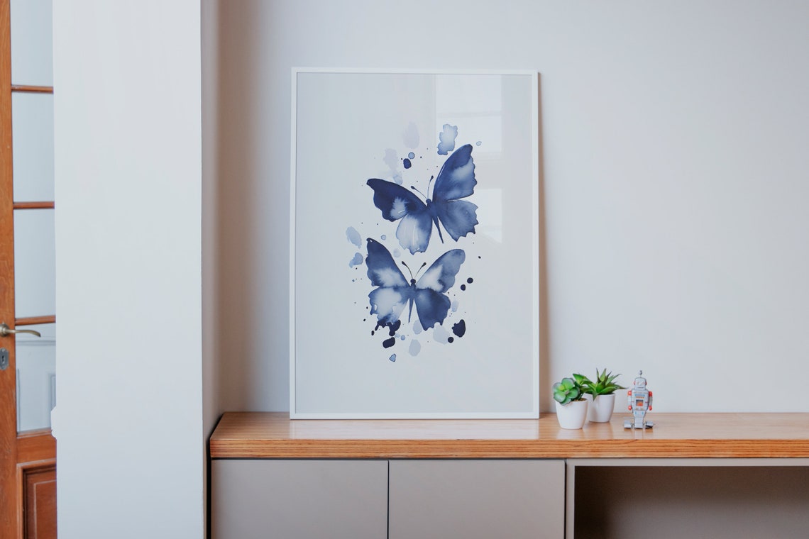 Two Blue Butterflies Watercolor Splash Flight Garden Wall Poster - Image 3