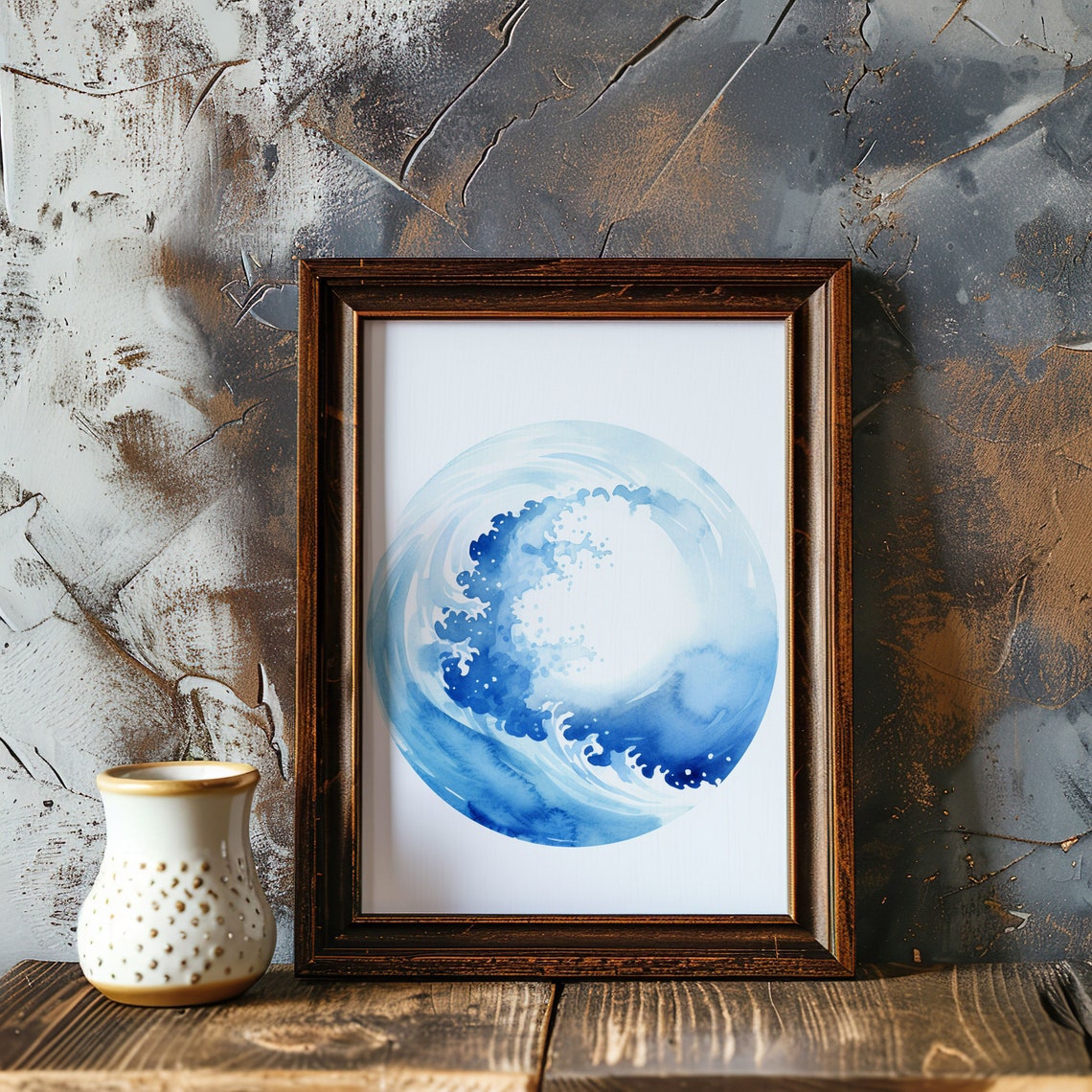 Blue Ocean Wave Circle Watercolor Minimalist Surf Decor Poster - Image 4