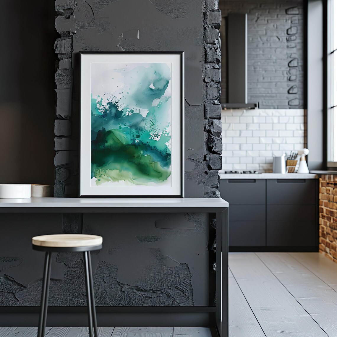 Teal Green Watercolor Splash Abstract Fluid Minimal Art Poster - Image 2