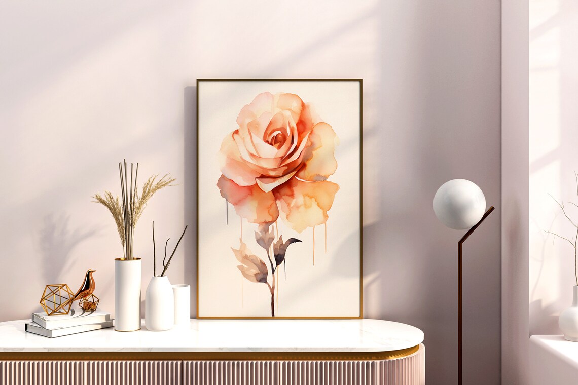 Peach Rose Artistic Watercolor Loose Drips Modern Floral Art Poster - Image 3