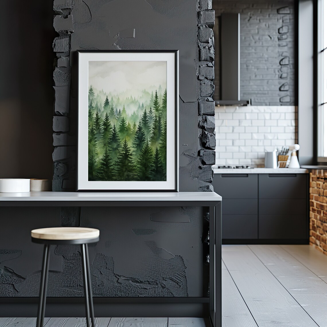 Dense Misty Pine Forest Watercolor Painting Poster for Nature Rooms - Image 4
