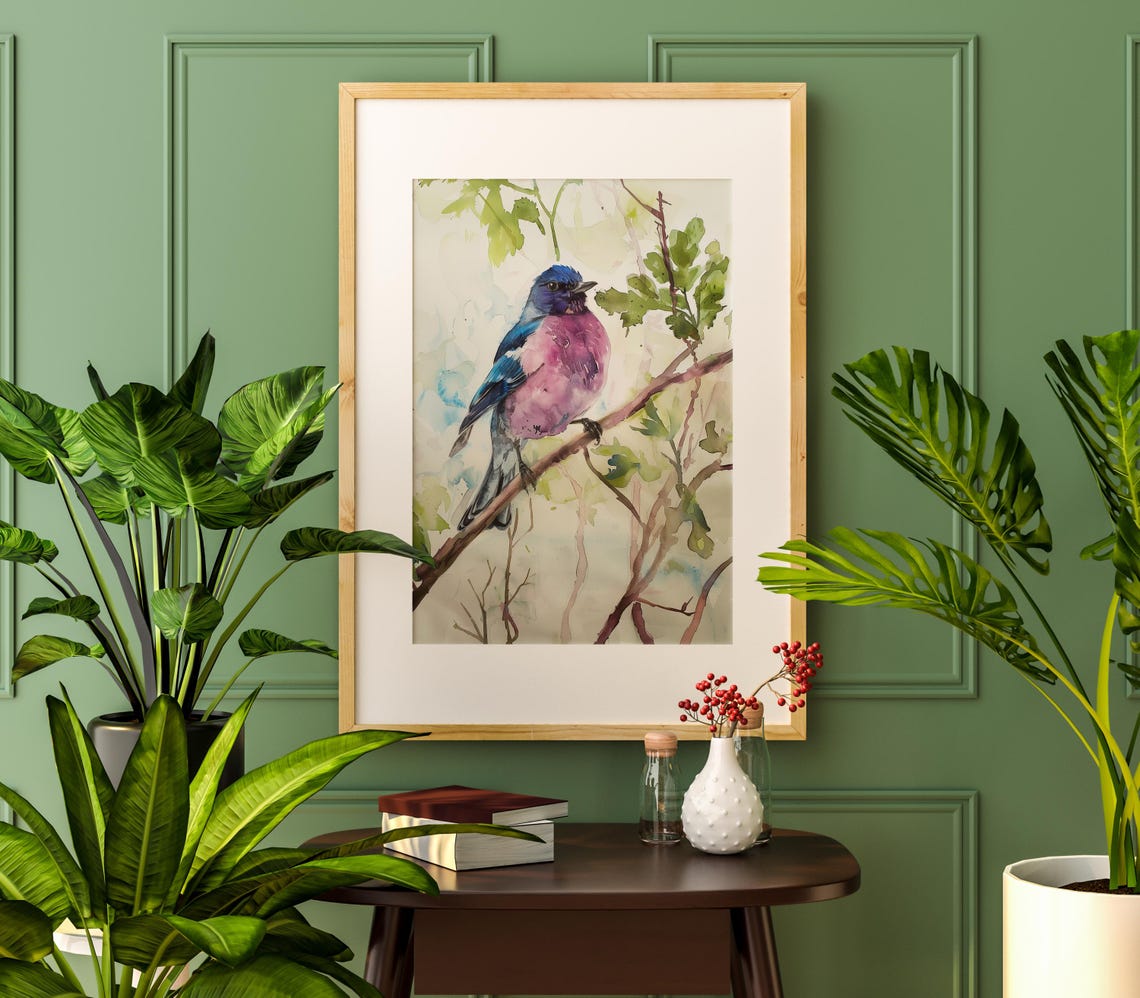 Blue and Pink Songbird Watercolor Perched Branch Nature Poster - Image 2