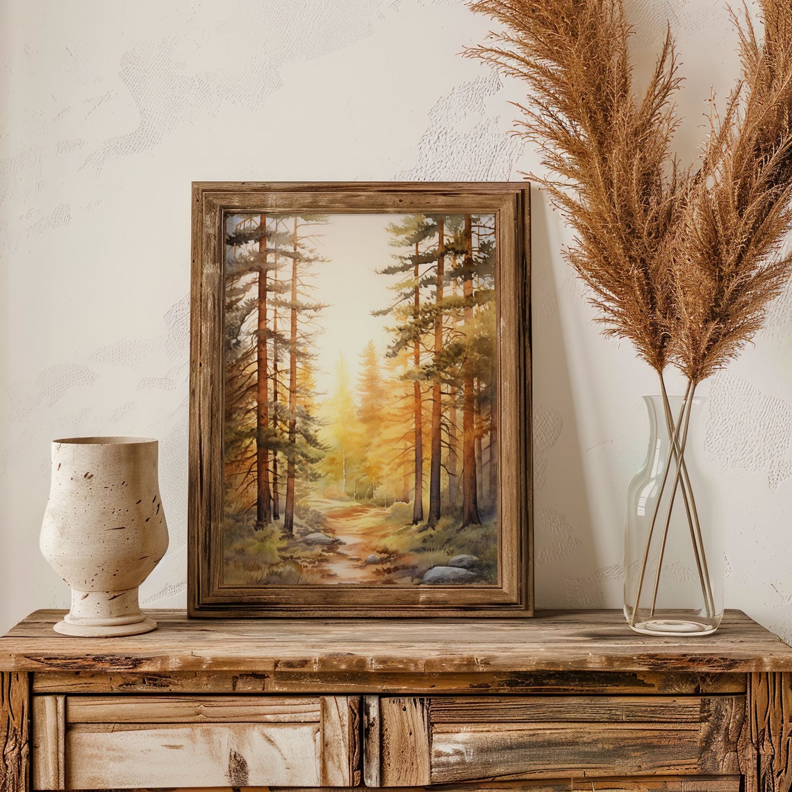 Golden Sunrise Pine Forest Warm Light Watercolor Woodland Poster - Image 2