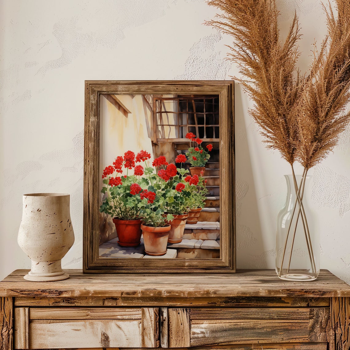 Red Geraniums Watercolor Terracotta Pots Floral Scene Art Poster - Image 3