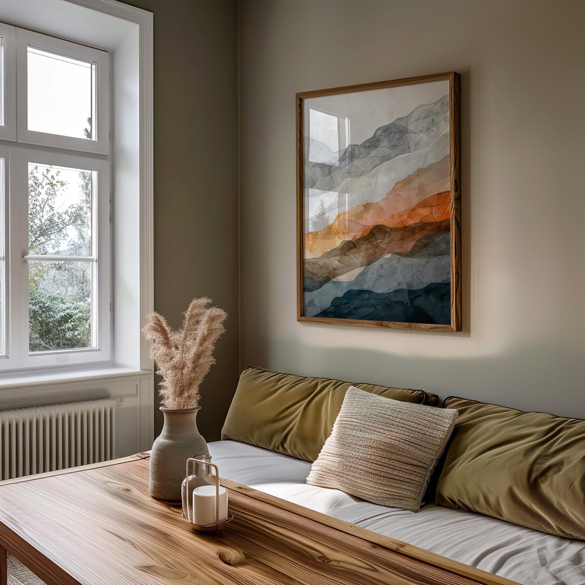 Abstract Mountain Layers Watercolor Gray Rust Sunset Art Poster - Image 5