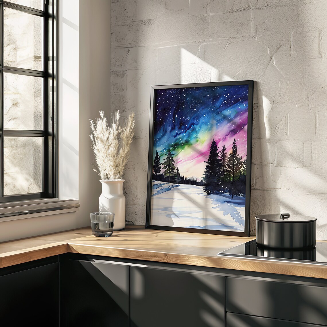 Northern Lights Watercolor Aurora Snowy Forest Winter Art Poster - Image 2