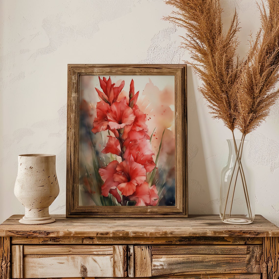 Red Gladiolus Watercolor Portrait Tall Coral Bloom Art Poster - Image 2