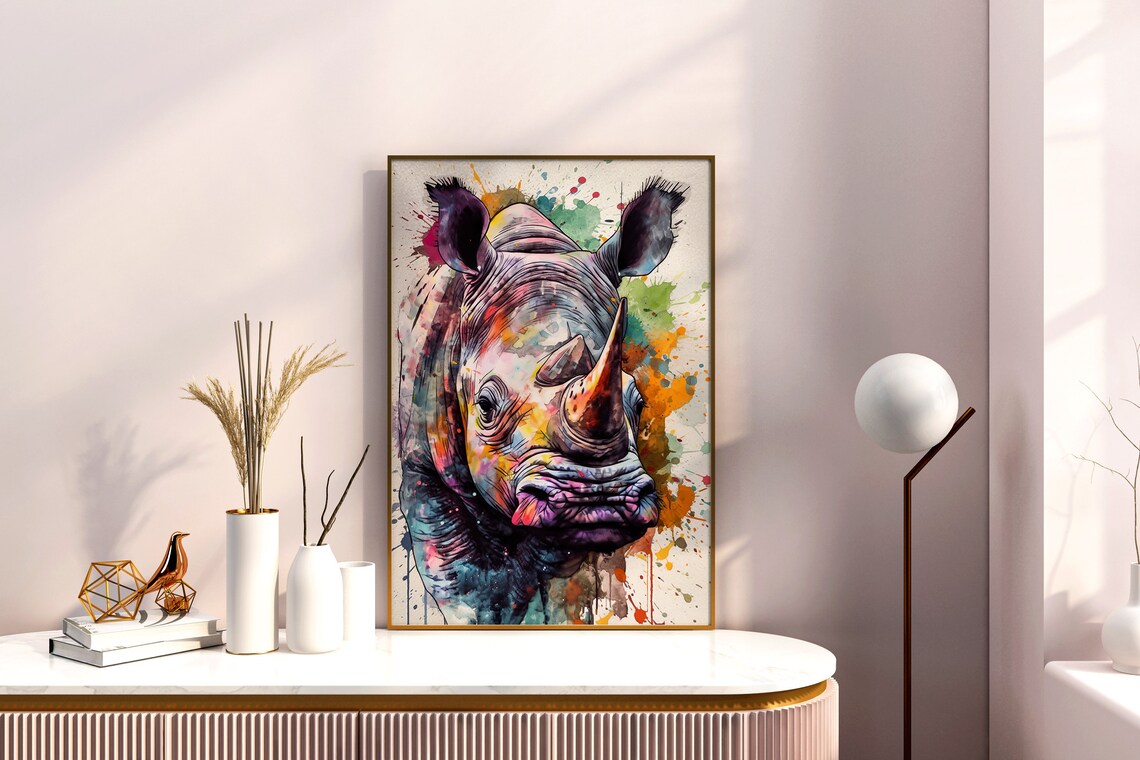 Vibrant Rhino Watercolor Portrait Purple Orange Wildlife Art Poster - Image 3
