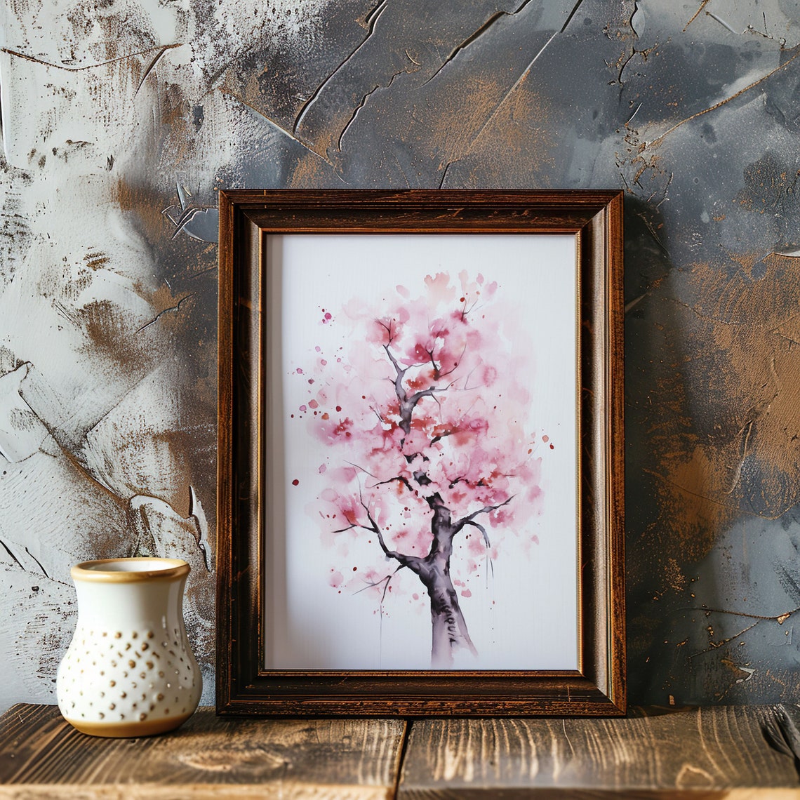 Full Cherry Blossom Tree Pink Watercolor Splatter Art Poster - Image 3