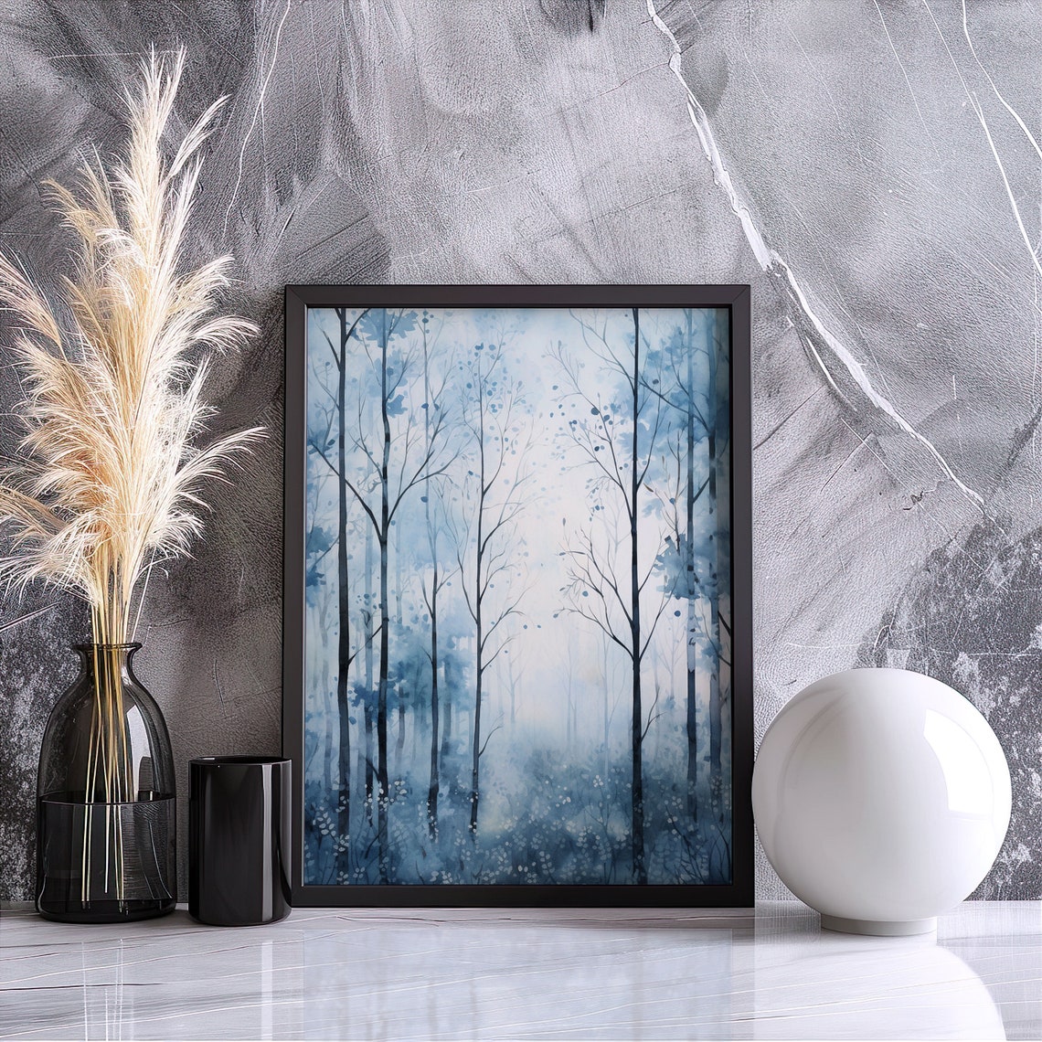 Blue Winter Birch Trees Watercolor Bare Branches Forest Poster - Image 4