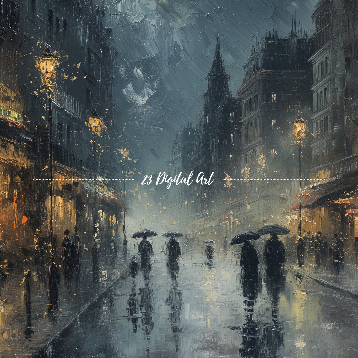 London Rainy Night Street Umbrellas Vintage City Painting Poster - Image 6