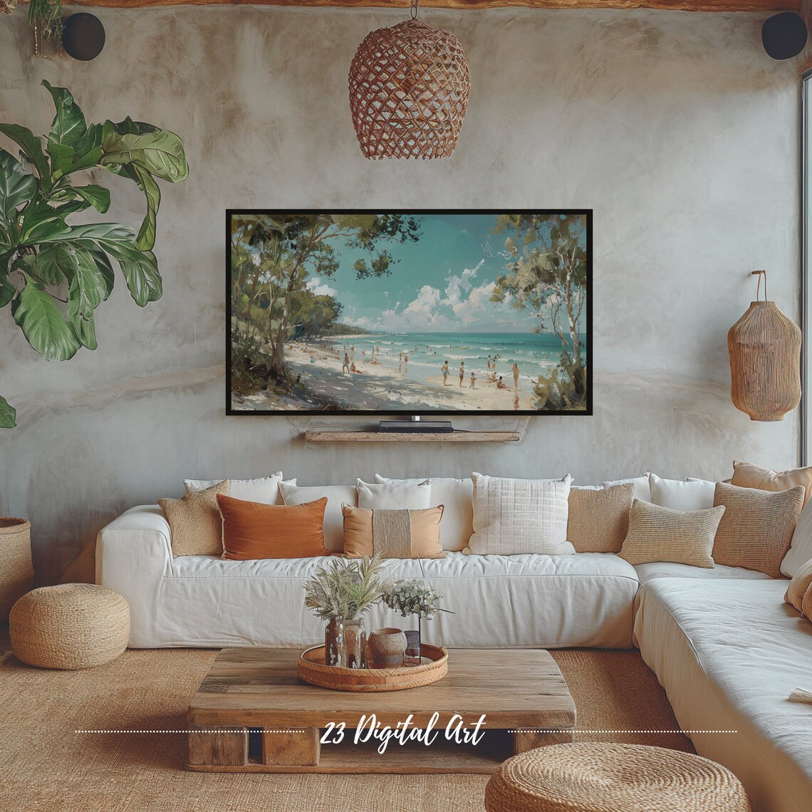 Frame Tv Art Summer Beach Tv Art Oil Painting People Enjoying At Coastal Beach Classic Summer Farmhouse Decor Tv Art 128 - Image 3