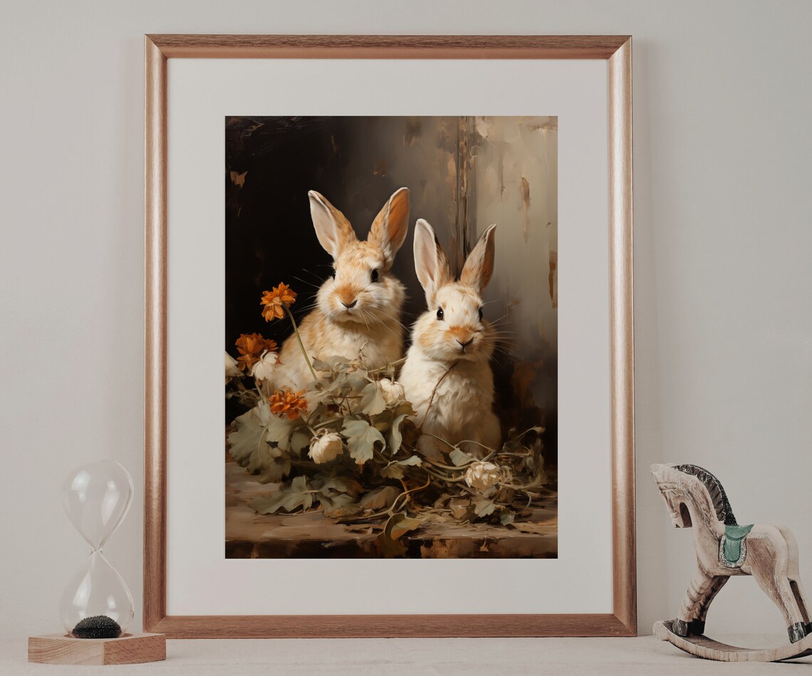 Two Bunnies Vintage Portrait Orange Flowers Dark Wall Art Print Poster - Image 6