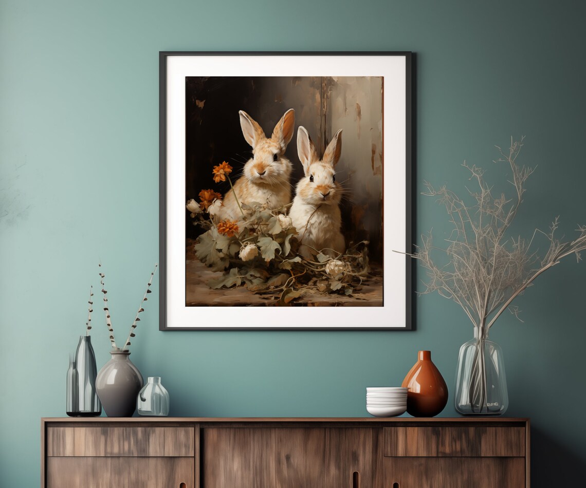 Two Bunnies Vintage Portrait Orange Flowers Dark Wall Art Print Poster - Image 7