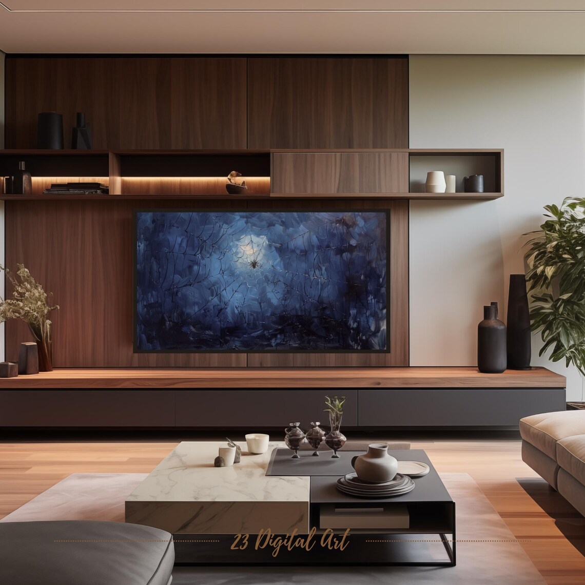 Spider Web Moonlight Blue Night Spooky Halloween Painting Frame TV Poster - Image 5