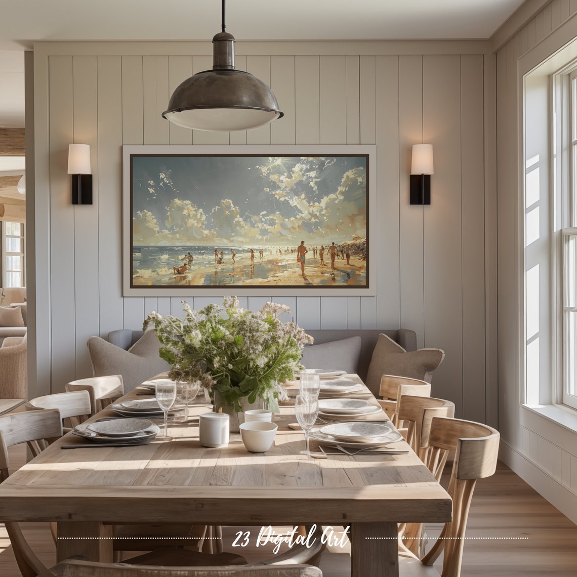 Frame Tv Art Summer Beach Tv Art Oil Painting People Enjoying At Coastal Beach Classic Summer Farmhouse Decor Tv Art 129 - Image 2