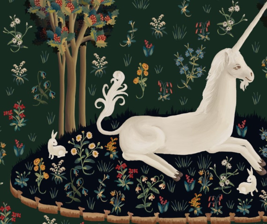 Medieval Unicorn, Floral Bunnies Tapestry Art Print - Image 2
