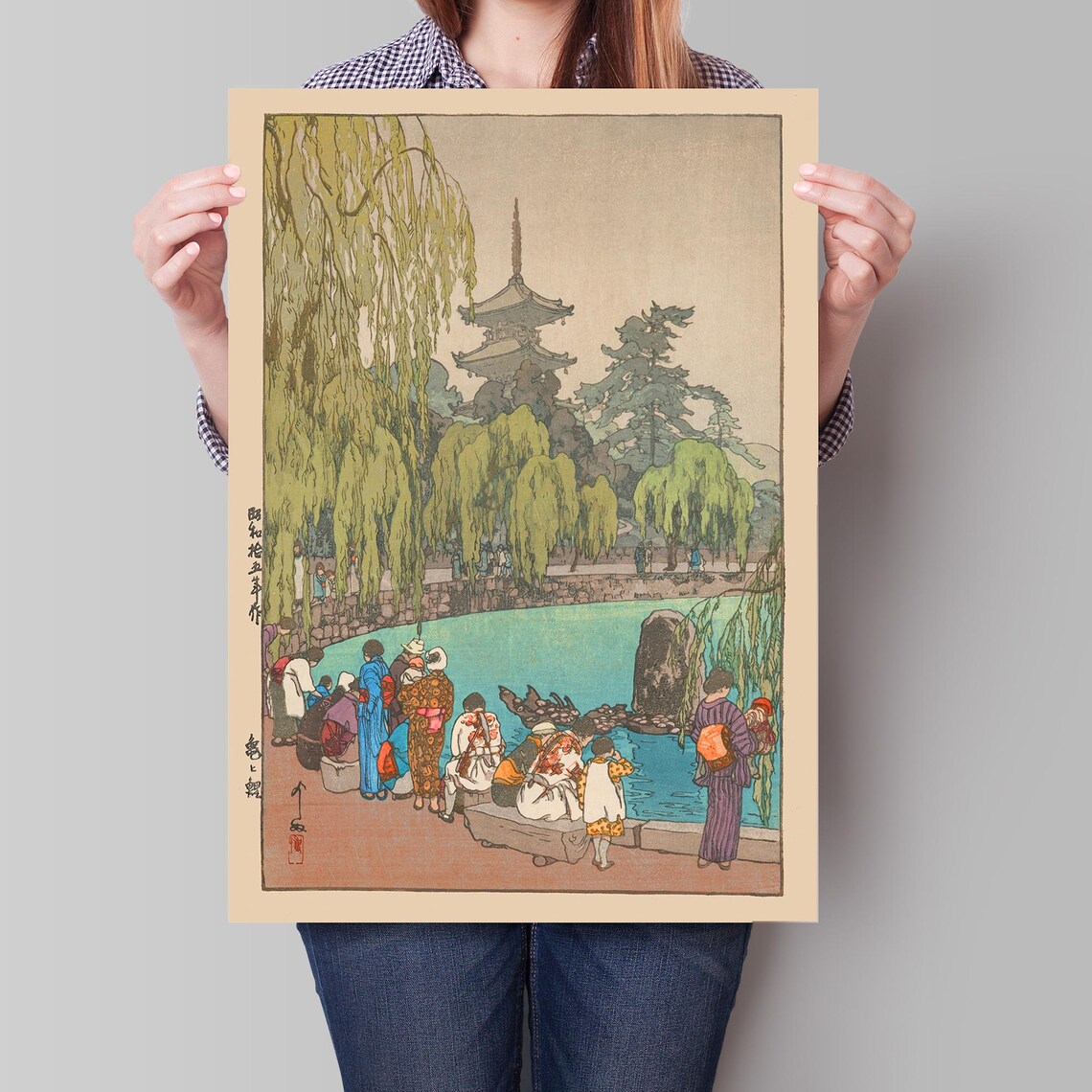 Japanese Pagoda Pond With Carp and Tortoises Vintage Woodblock Poster - Image 4