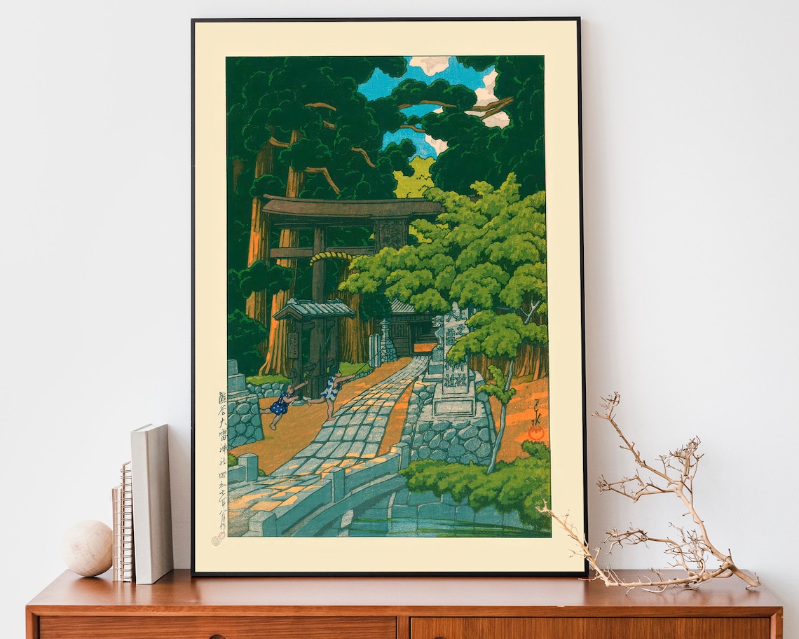 Japanese Torii Gate Forest Shrine Woodblock Style Vintage Poster
