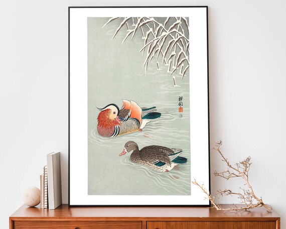 Ohara Koson Mandarin Ducks Swimming Bamboo Vintage Bird Woodblock Poster