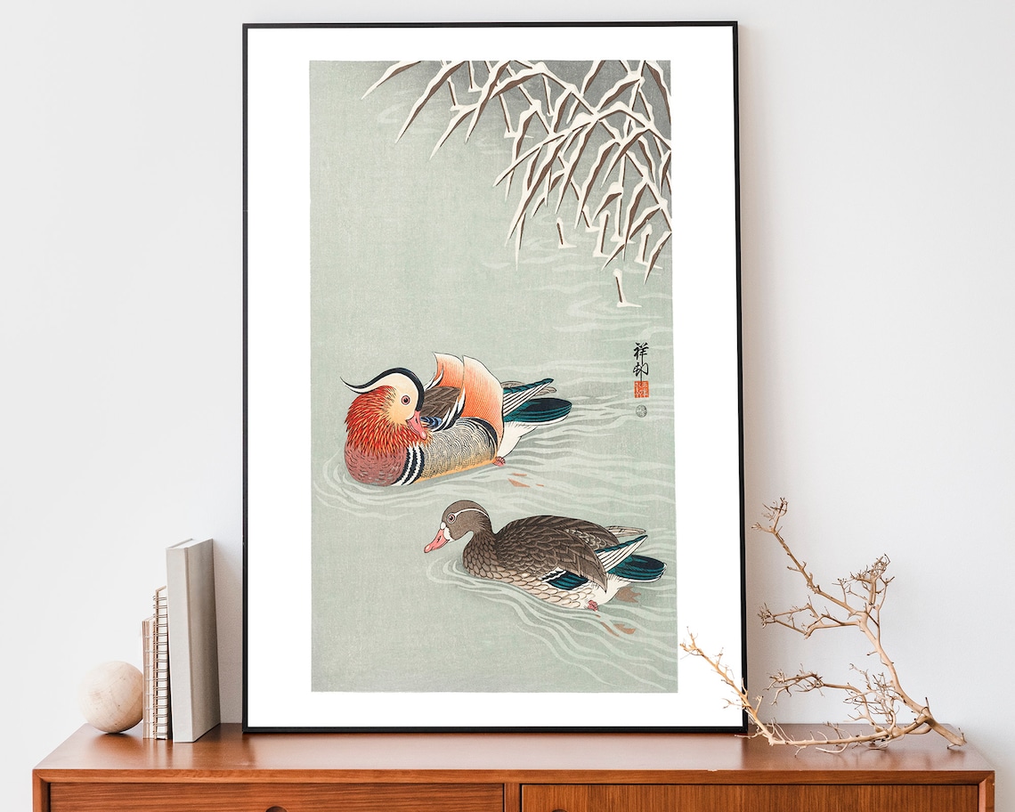 Ohara Koson Mandarin Ducks Swimming Bamboo Vintage Bird Woodblock Poster