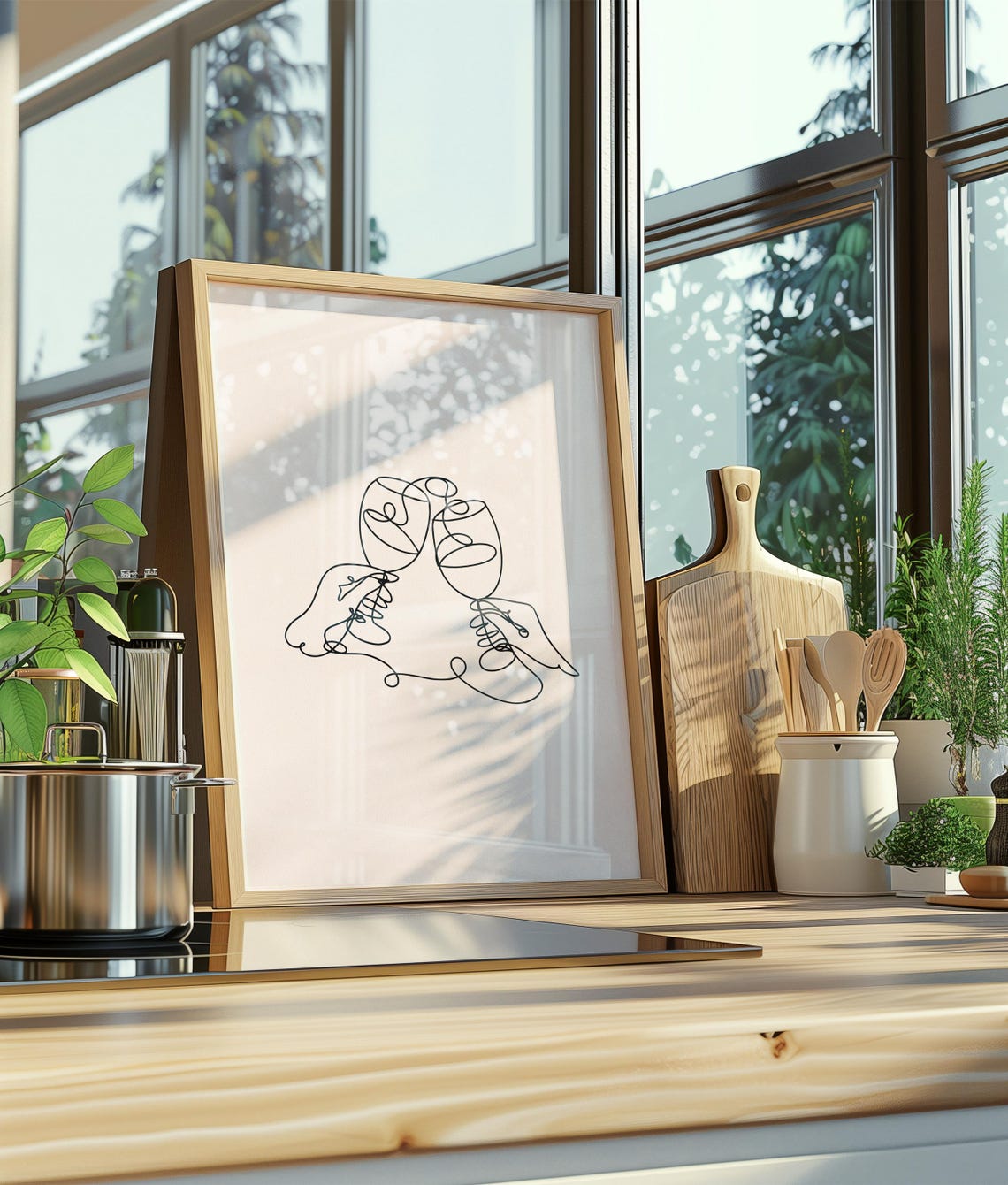Wine Glasses Cheers Single Line Drawing Minimalist Bar Cart Wall Art - Image 3