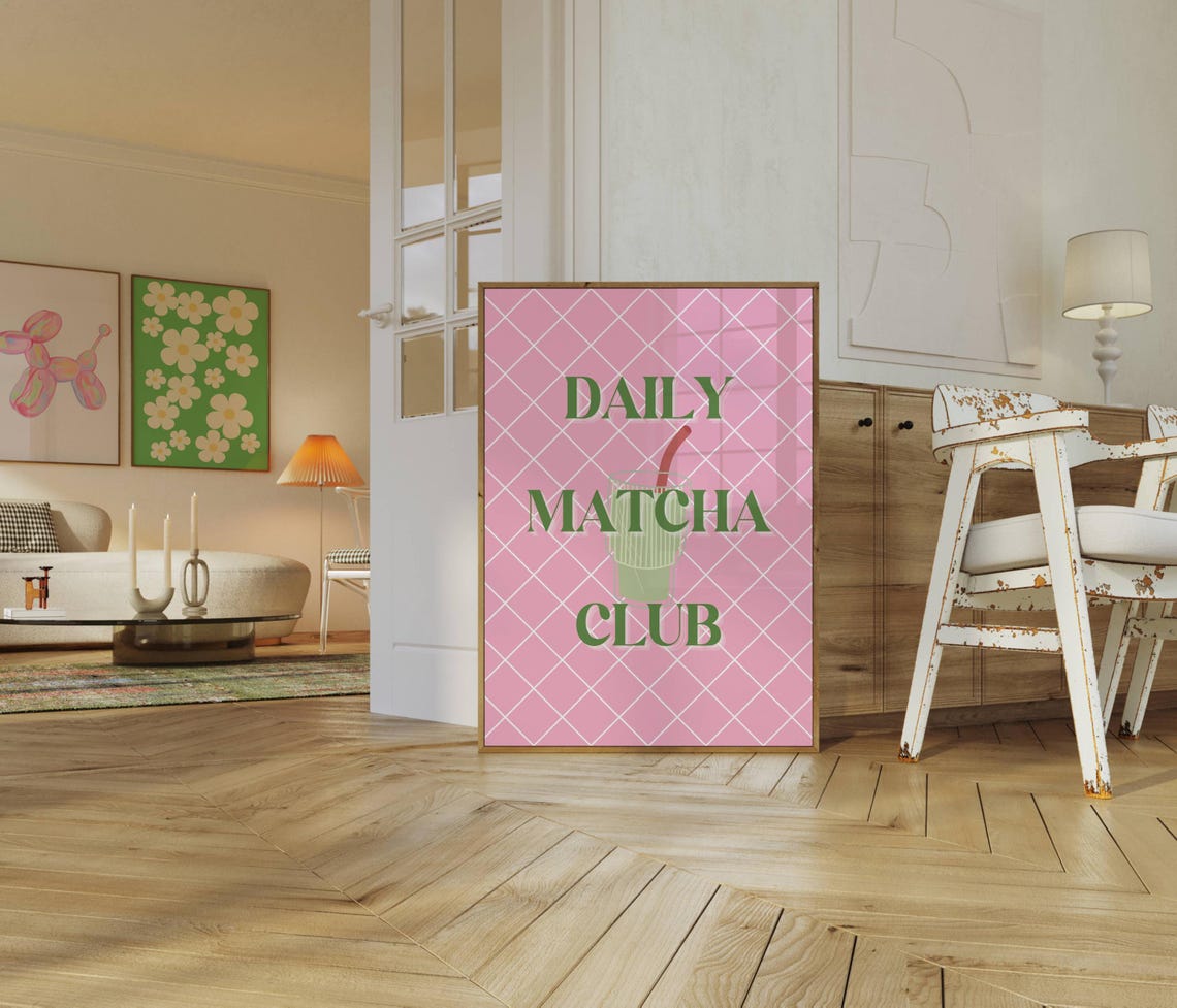 Daily Matcha Club Pink Plaid Trendy Kitchen Green Tea Poster