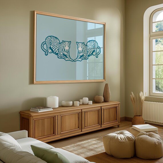 Blue Leopard Duo Facing Pair Preppy Wildlife Horizontal Poster