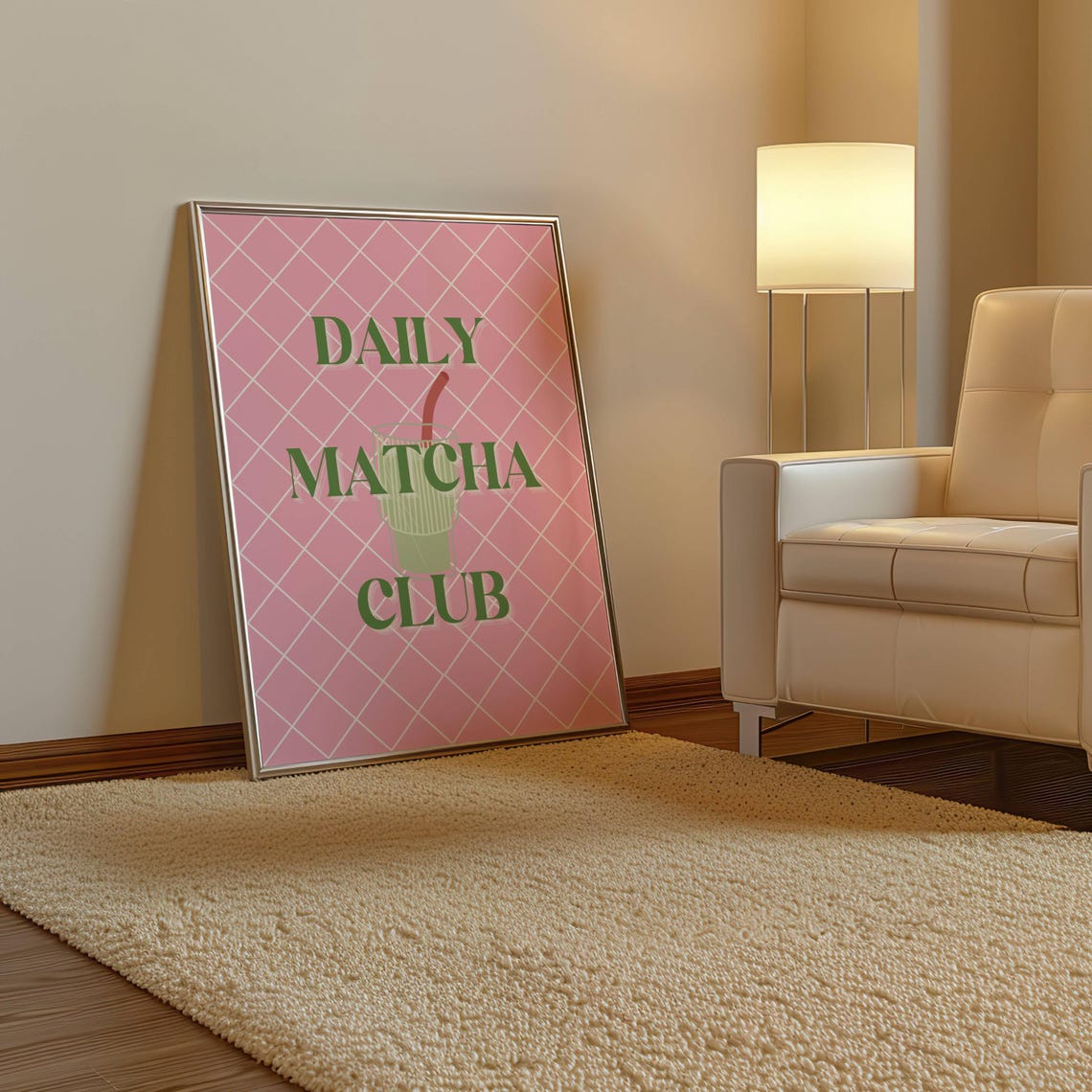 Daily Matcha Club Pink Plaid Trendy Kitchen Green Tea Poster - Image 3
