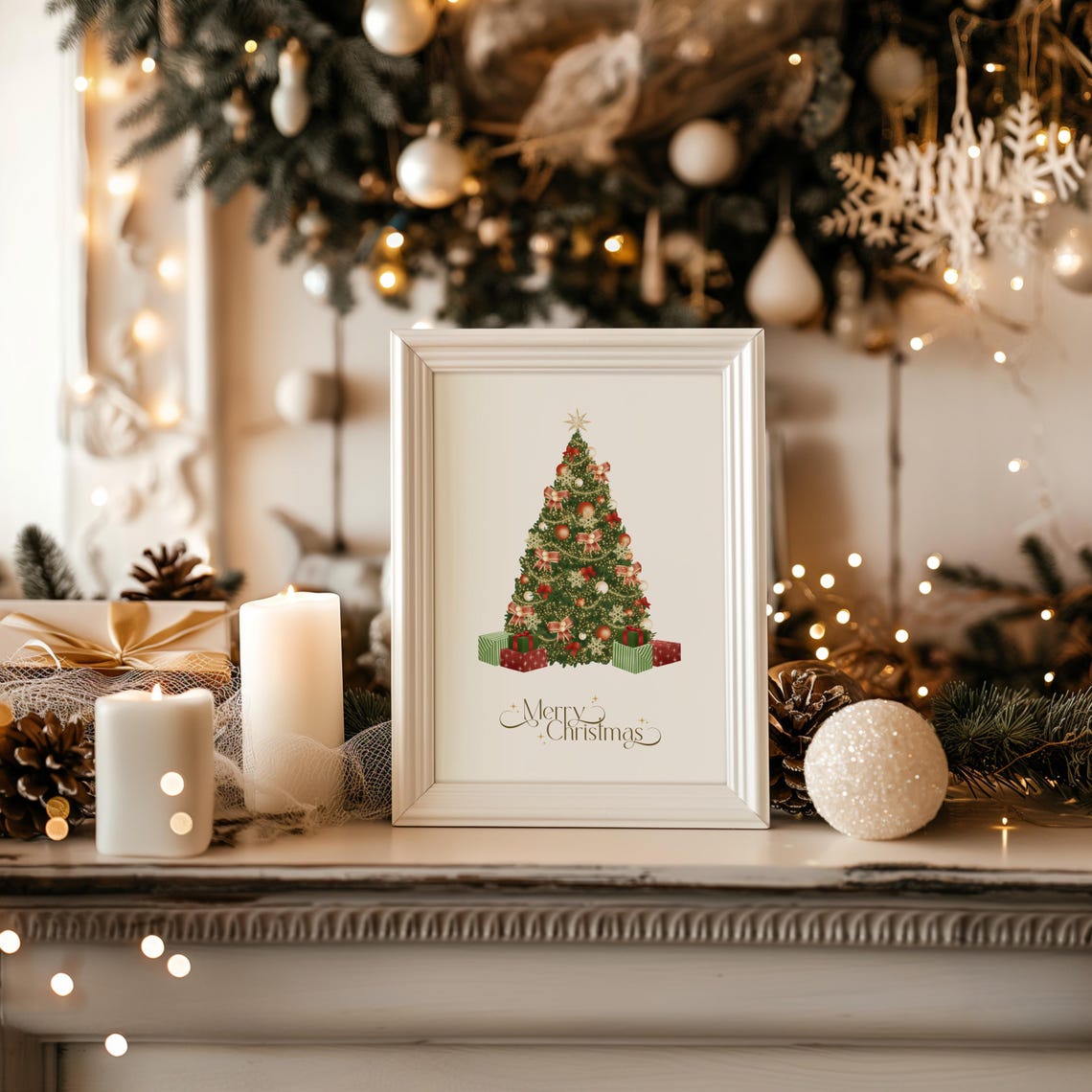 Merry Christmas Tree Gold Ornament Festive Holiday Print Gift - Image 3