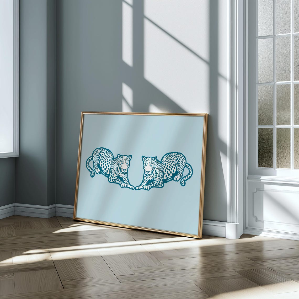 Blue Leopard Duo Facing Pair Preppy Wildlife Horizontal Poster - Image 2