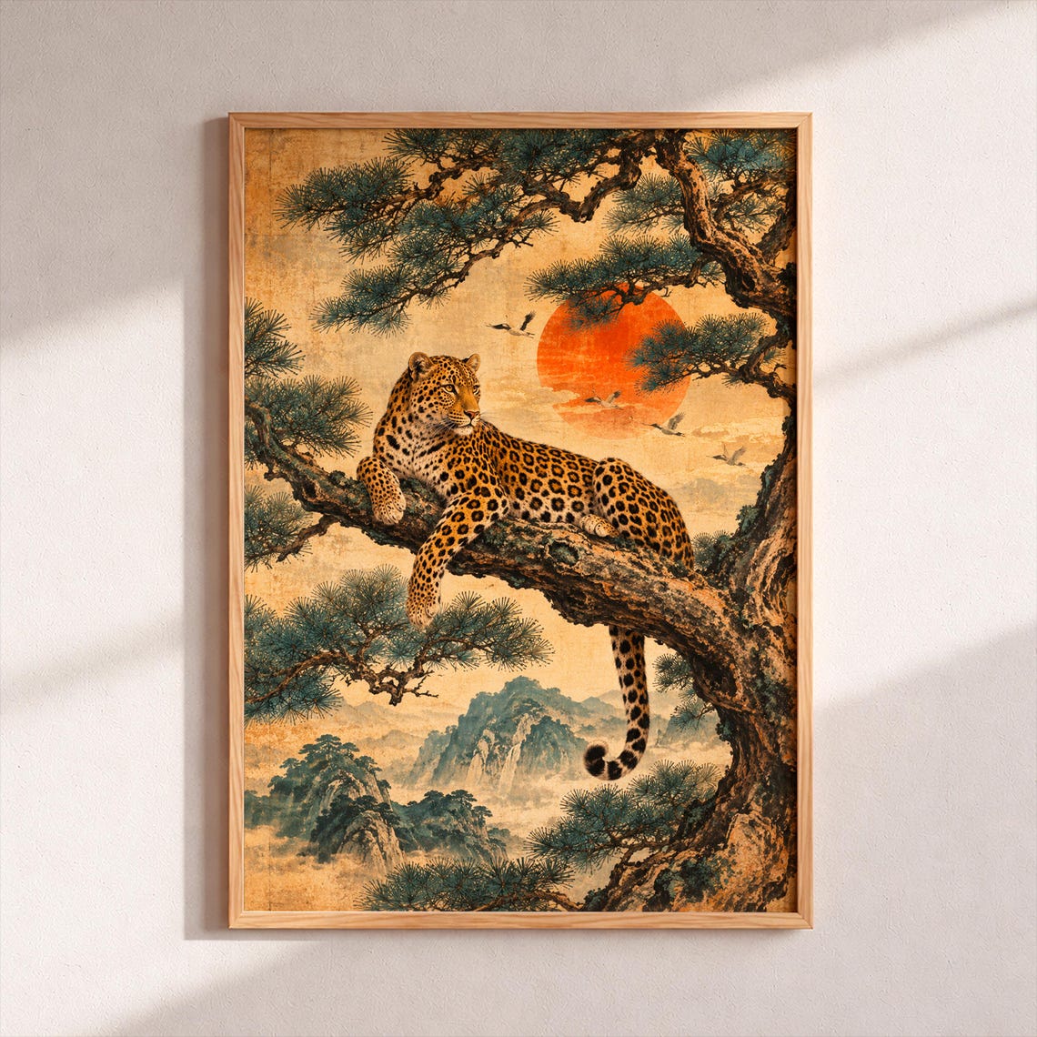 Leopard On Pine Tree Red Sun Vintage Asian Wildlife Style Art Print