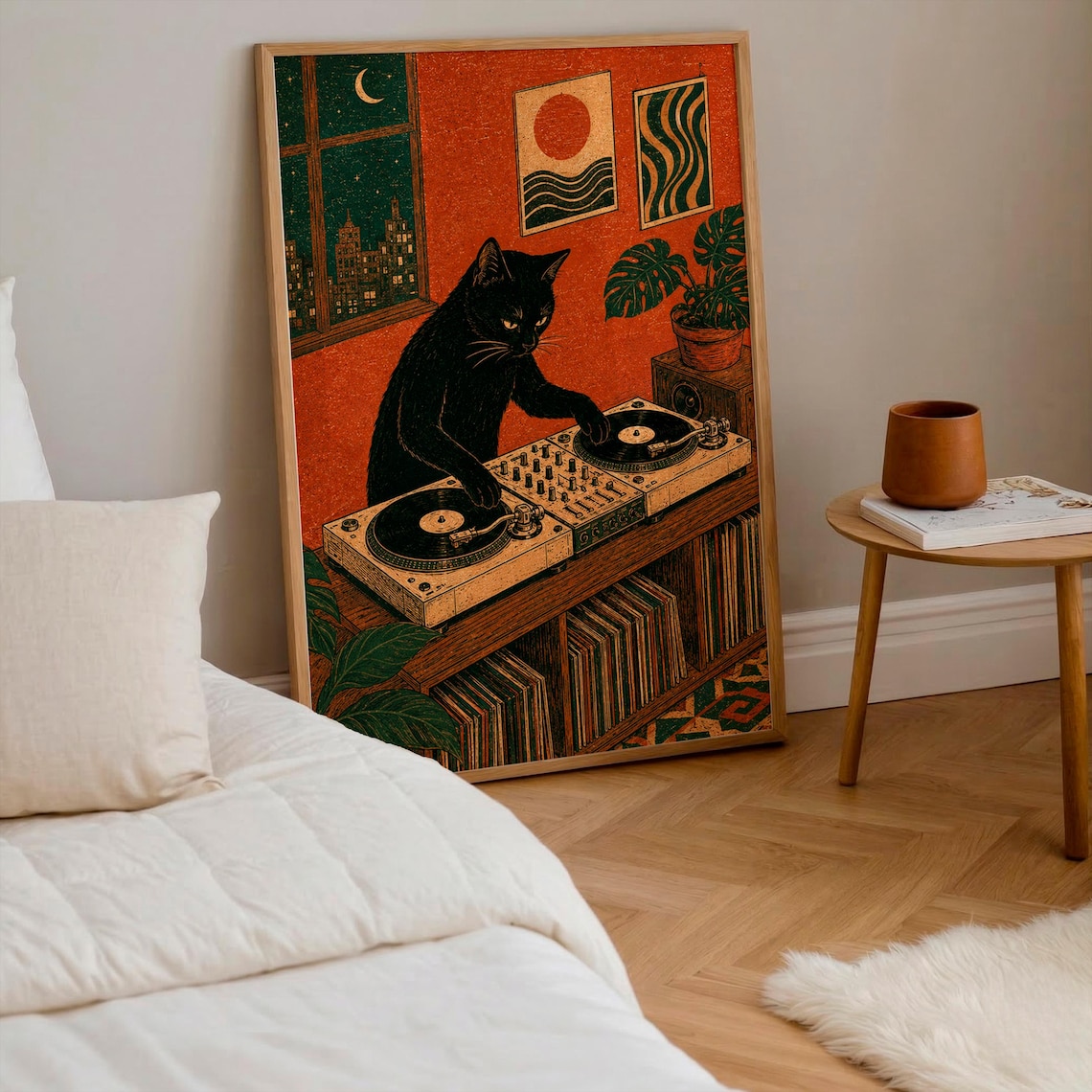 Black Cat DJ Print, Vintage Linocut Music Decor - Image 2